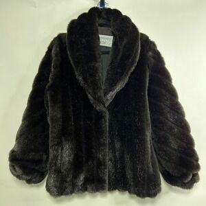 Vintage Monterey Faux Mink Fur Coat Dark Brown Shawl Collar Made USA 16 Mob Wife